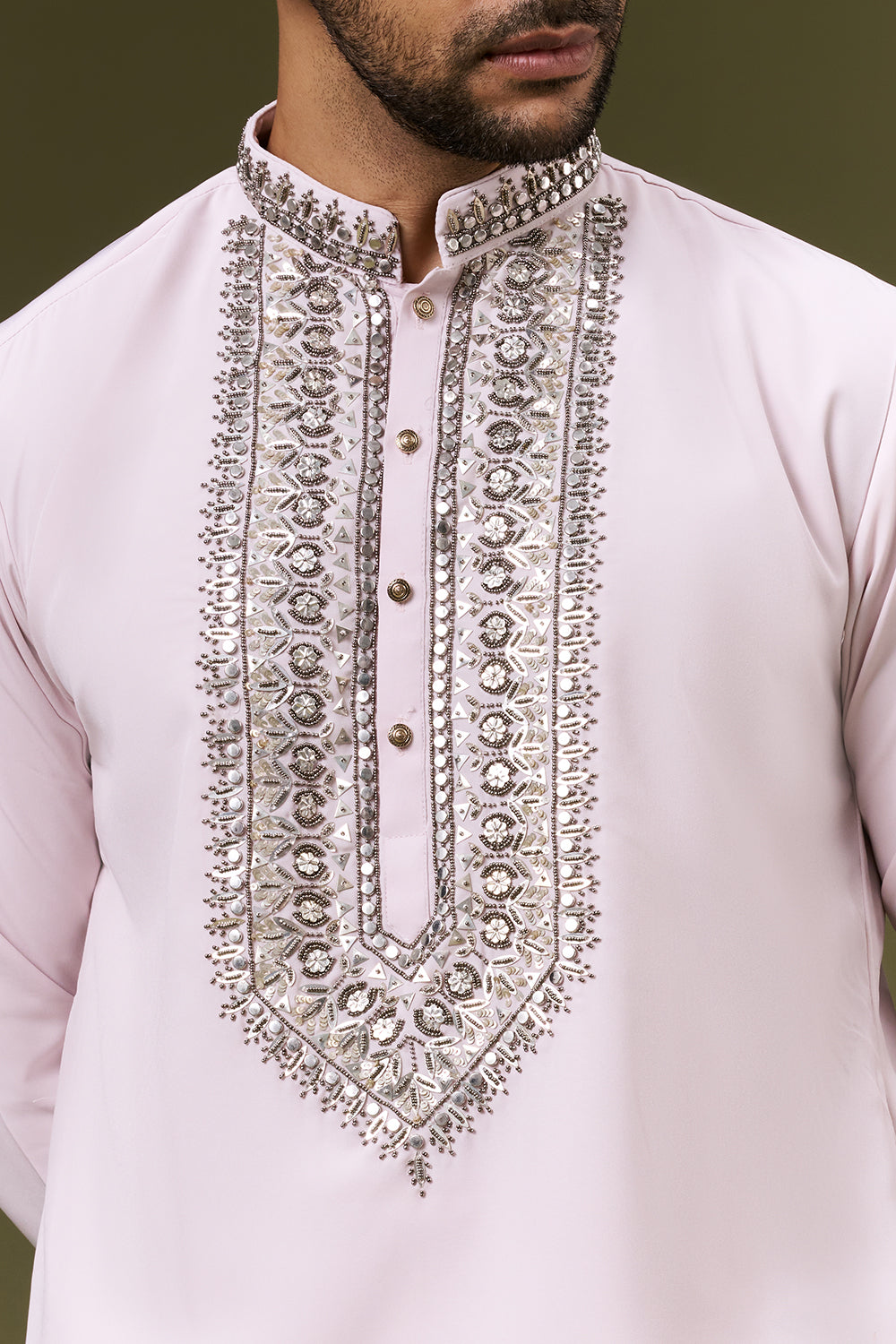 Powder Pink Georgette Mens Kurta Set with Sequin and Bead Work