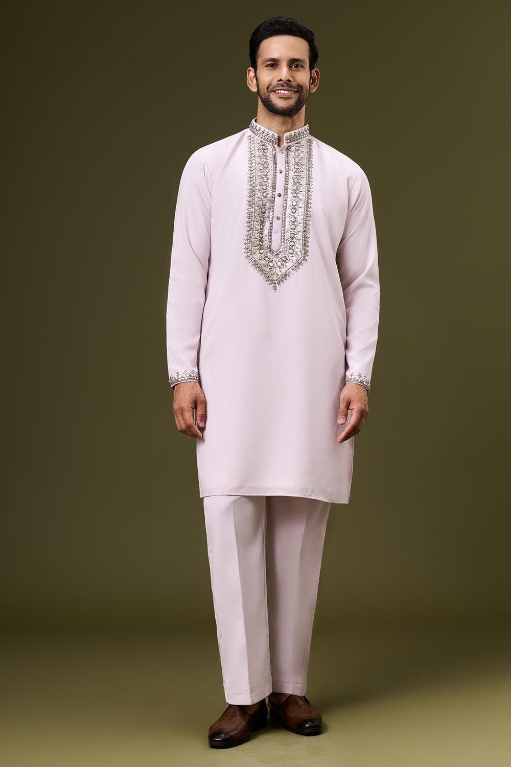 Powder Pink Georgette Mens Kurta Set with Sequin and Bead Work