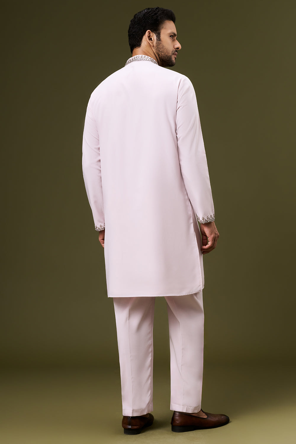 Powder Pink Georgette Mens Kurta Set with Sequin and Bead Work