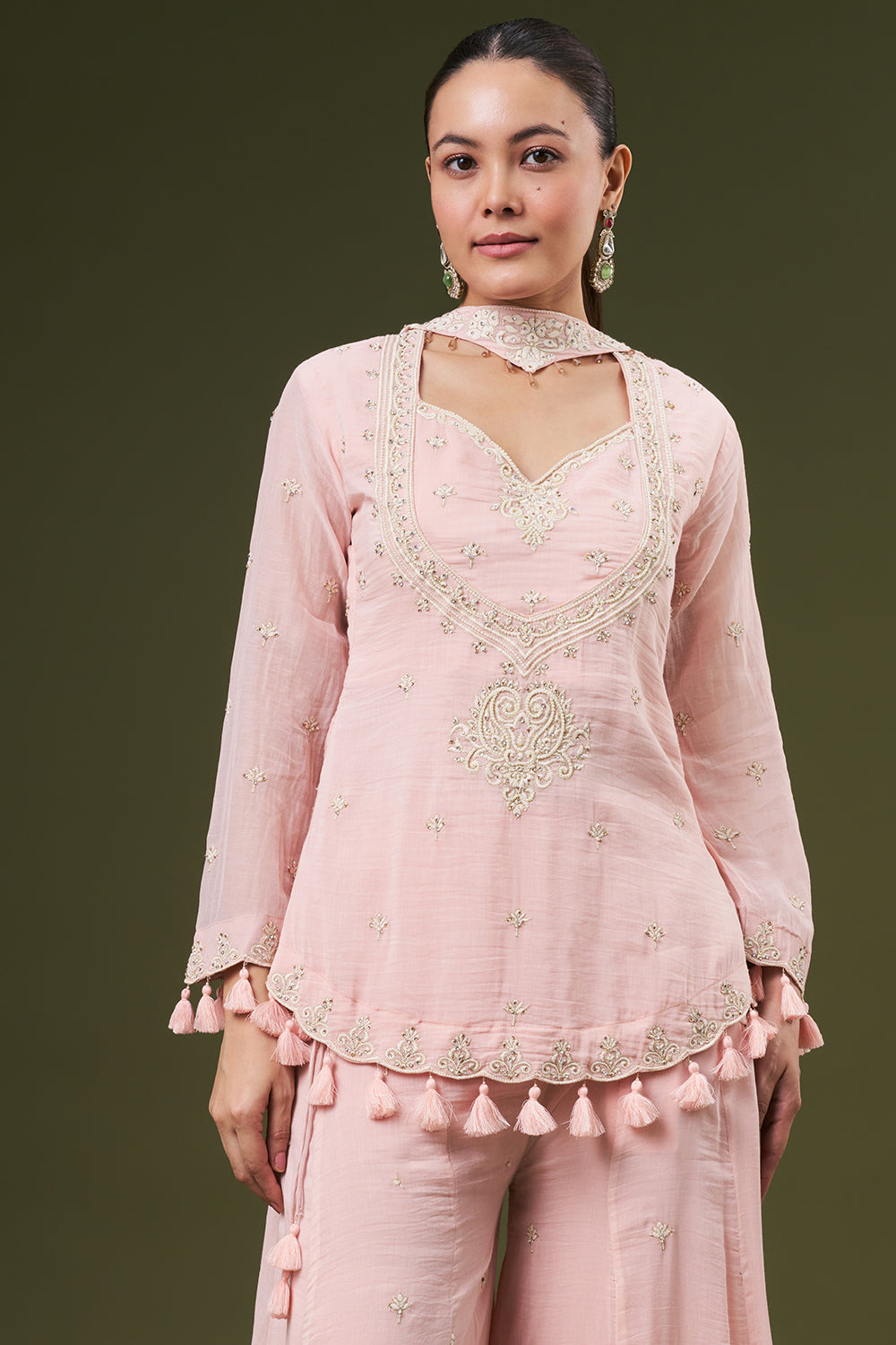 Powder Pink Mul Cotton Palazzo Suit with Thread and Pearl Work