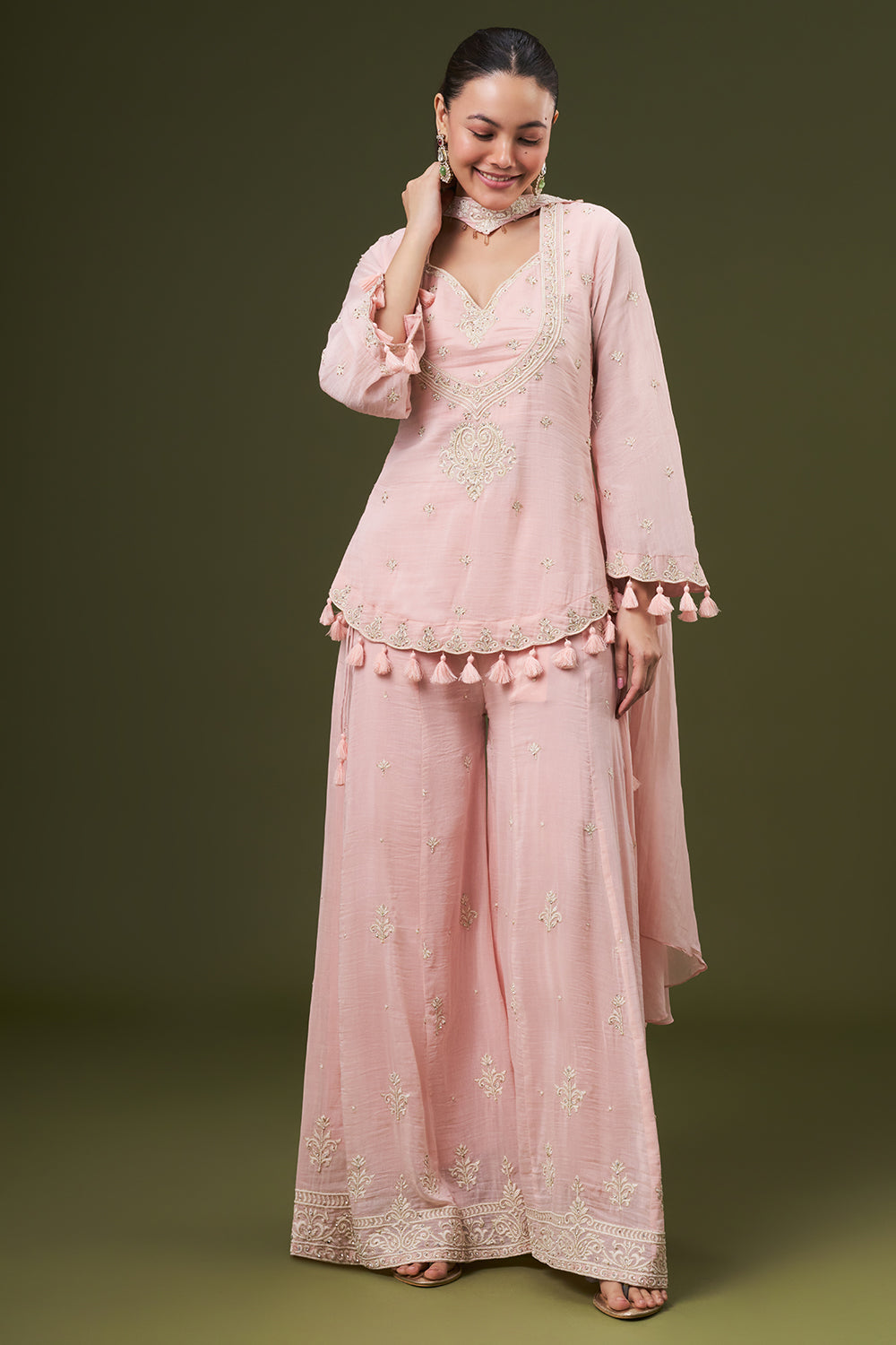 Powder Pink Mul Cotton Palazzo Suit with Thread and Pearl Work