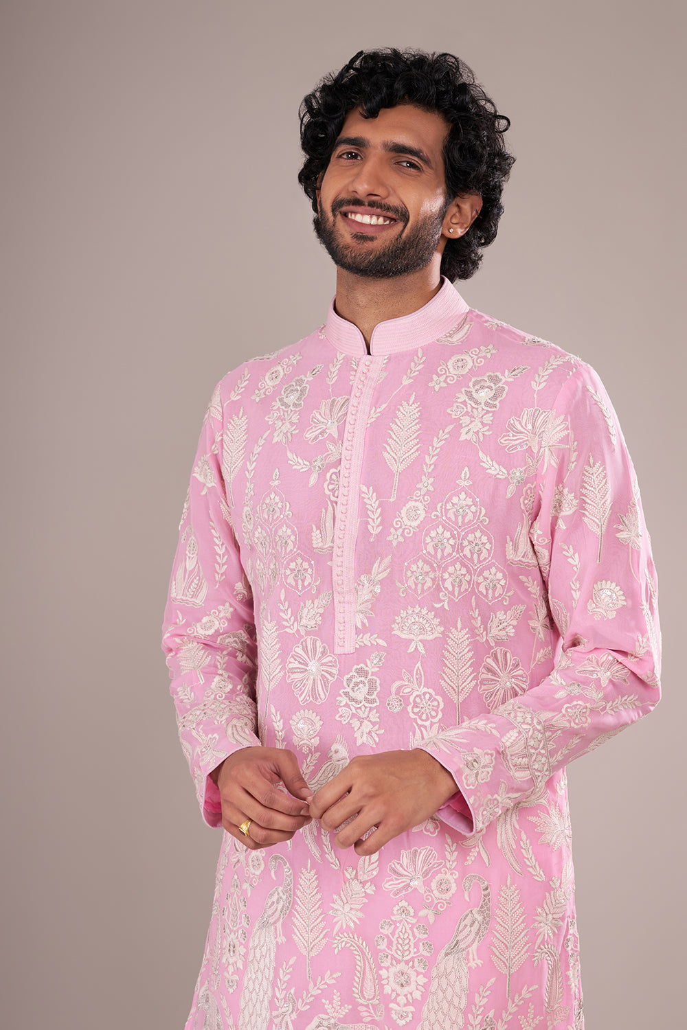 Powder Pink Silk Blend Men's Embroidered Kurta Set