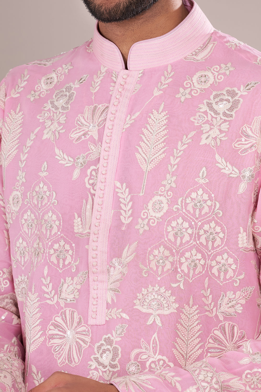 Powder Pink Silk Blend Men's Embroidered Kurta Set