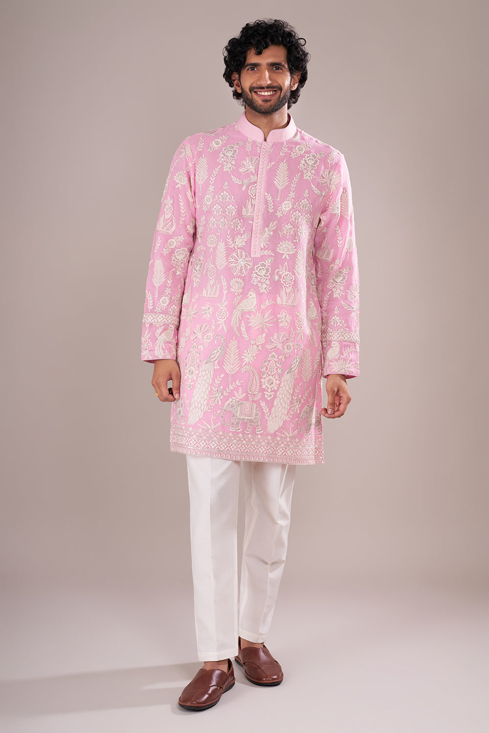 Powder Pink Silk Blend Men's Embroidered Kurta Set