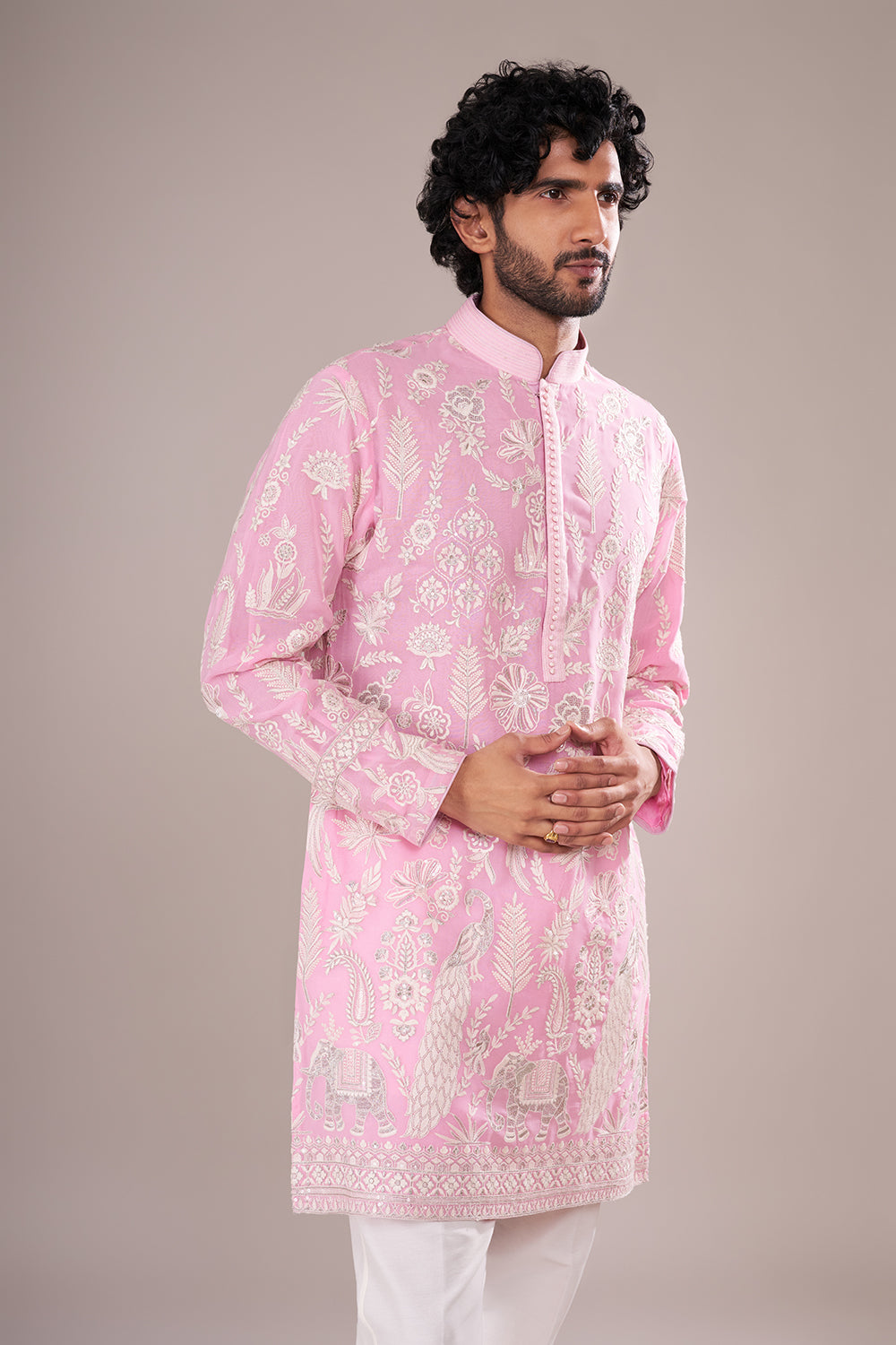 Powder Pink Silk Blend Men's Embroidered Kurta Set