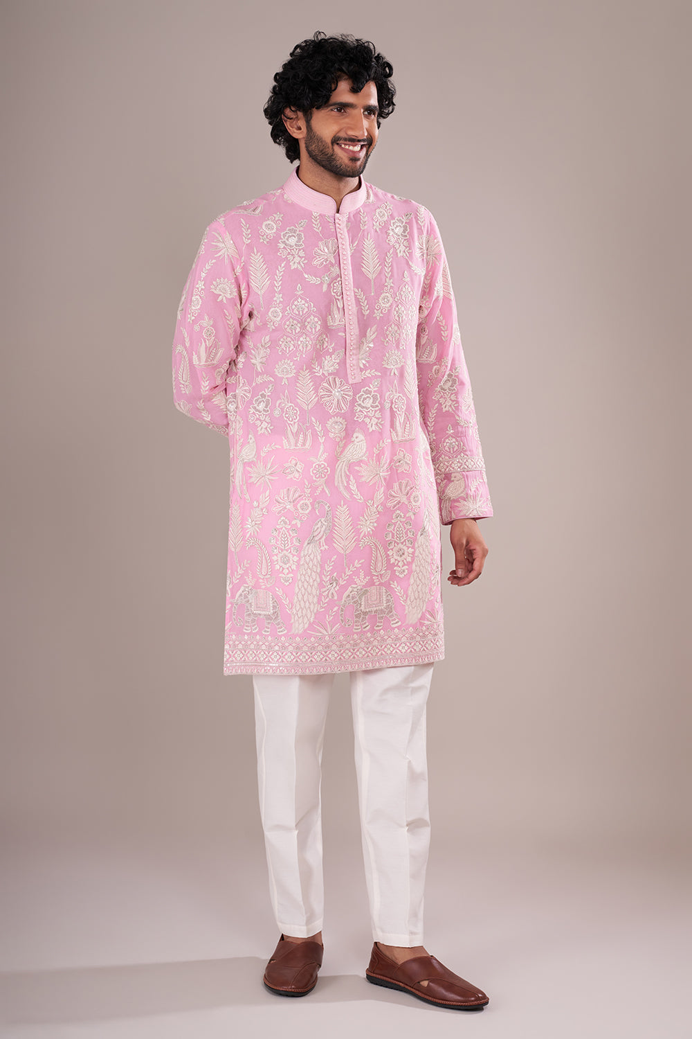 Powder Pink Silk Blend Men's Embroidered Kurta Set