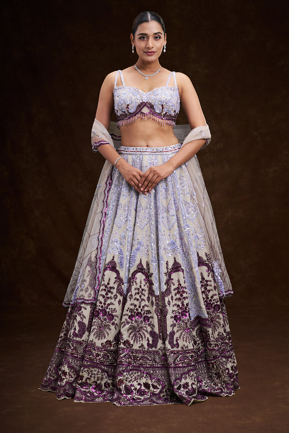 Purple and Cream Taffeta Bridal Lehenga with Cutdana and Sequin Embroidery