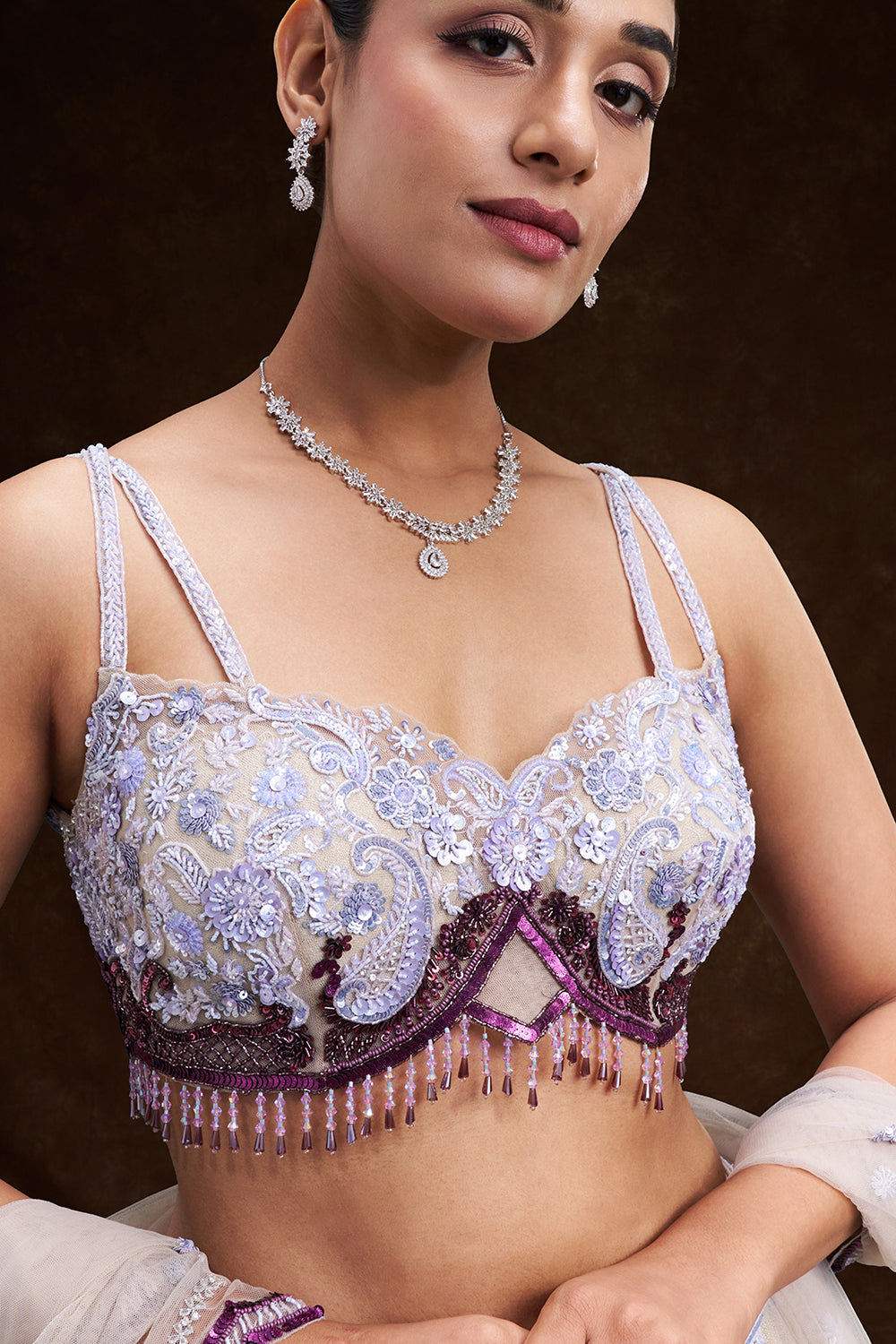 Purple and Cream Taffeta Bridal Lehenga with Cutdana and Sequin Embroidery