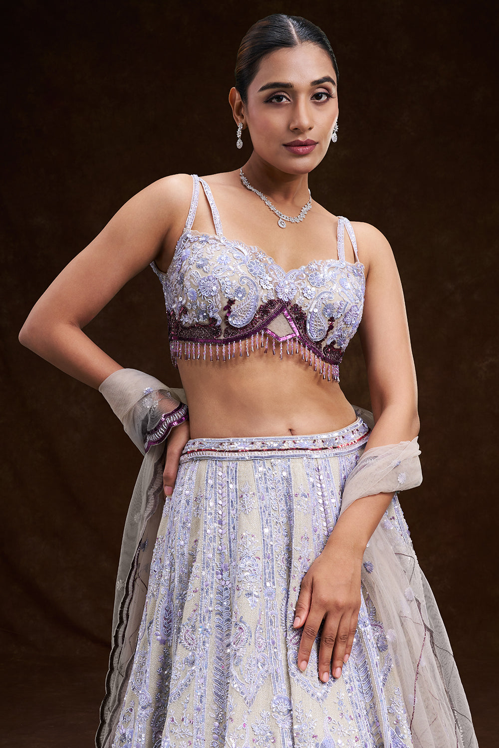 Purple and Cream Taffeta Bridal Lehenga with Cutdana and Sequin Embroidery