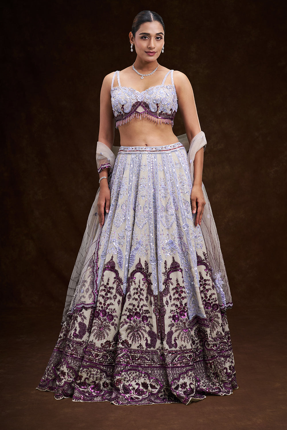 Purple and Cream Taffeta Bridal Lehenga with Cutdana and Sequin Embroidery