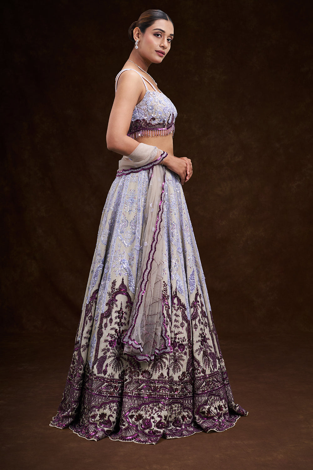 Purple and Cream Taffeta Bridal Lehenga with Cutdana and Sequin Embroidery