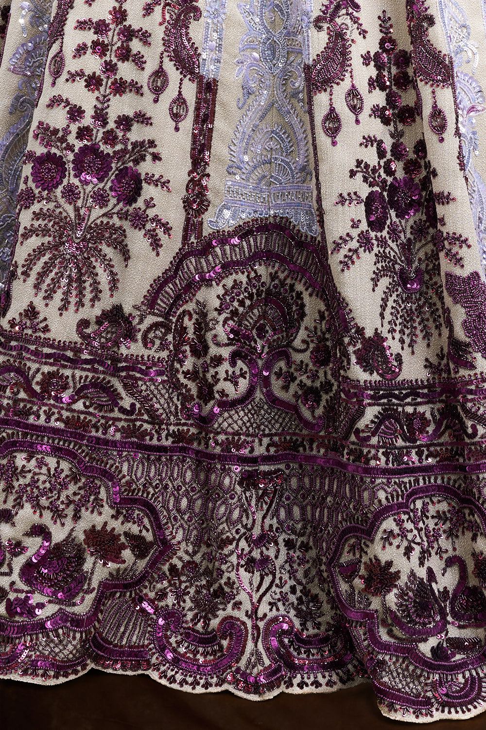 Purple and Cream Taffeta Bridal Lehenga with Cutdana and Sequin Embroidery