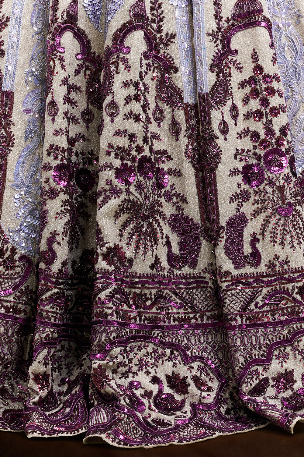 Purple and Cream Taffeta Bridal Lehenga with Cutdana and Sequin Embroidery