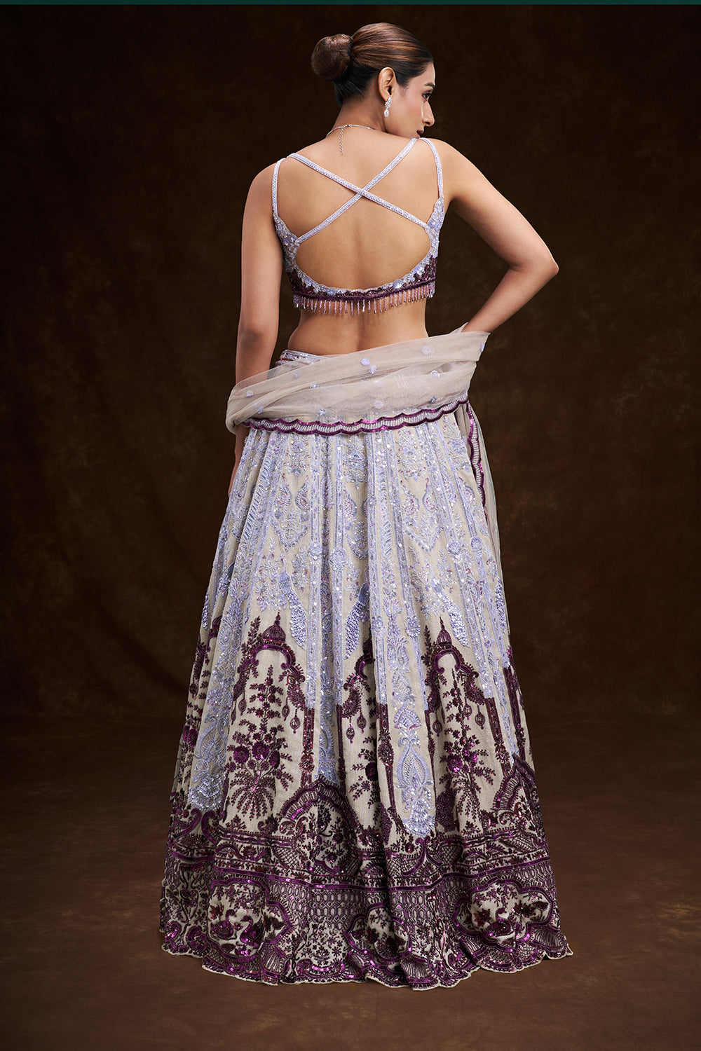Purple and Cream Taffeta Bridal Lehenga with Cutdana and Sequin Embroidery