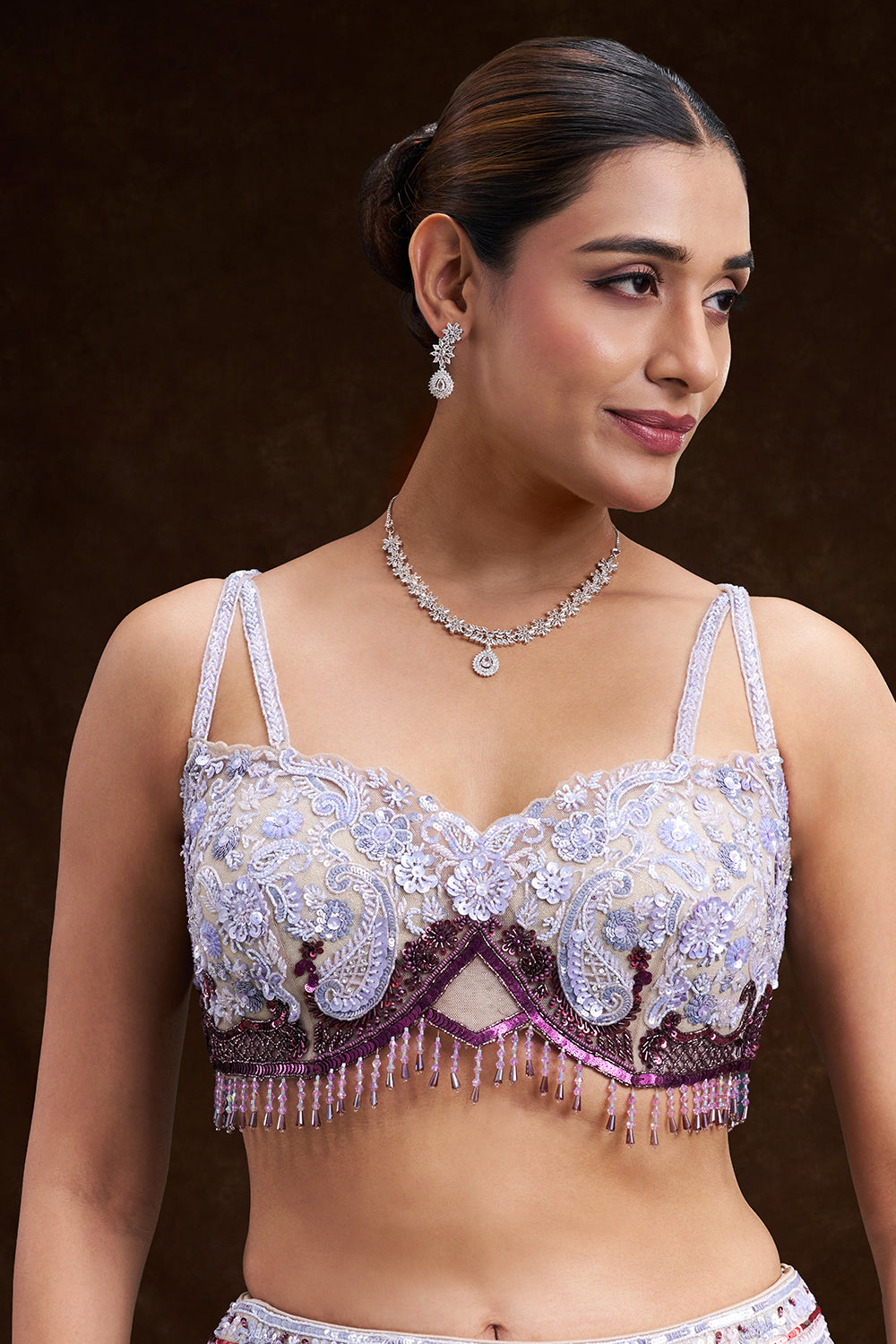 Purple and Cream Taffeta Bridal Lehenga with Cutdana and Sequin Embroidery