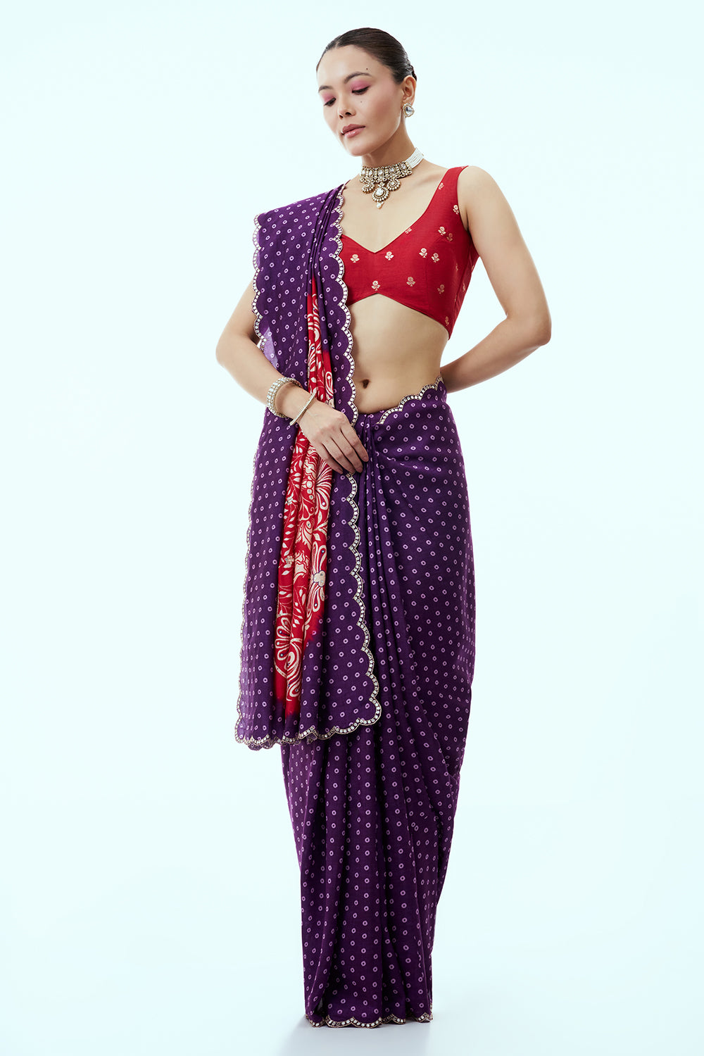 Purple and Red Silk Bandhani Print Saree with Mirror Work and Unstitched Blouse