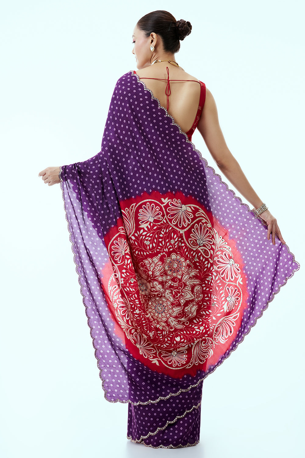 Purple and Red Silk Bandhani Print Saree with Mirror Work and Unstitched Blouse