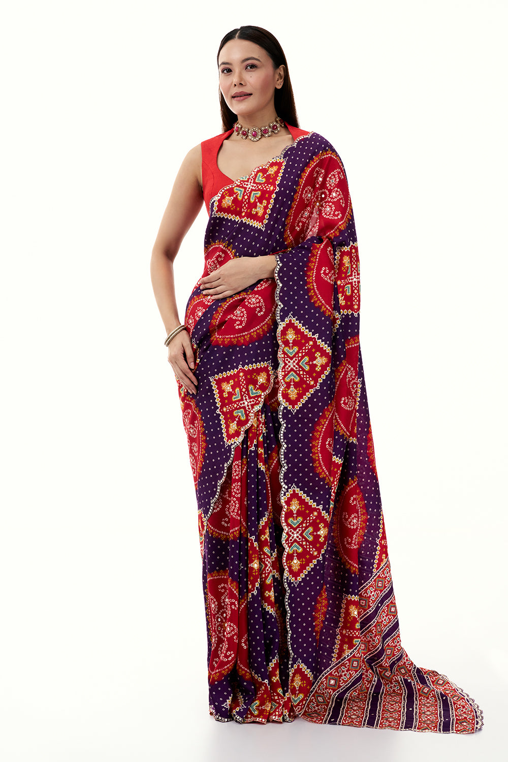 Purple and Red Silk Bandhani Printed Saree with Mirror Work