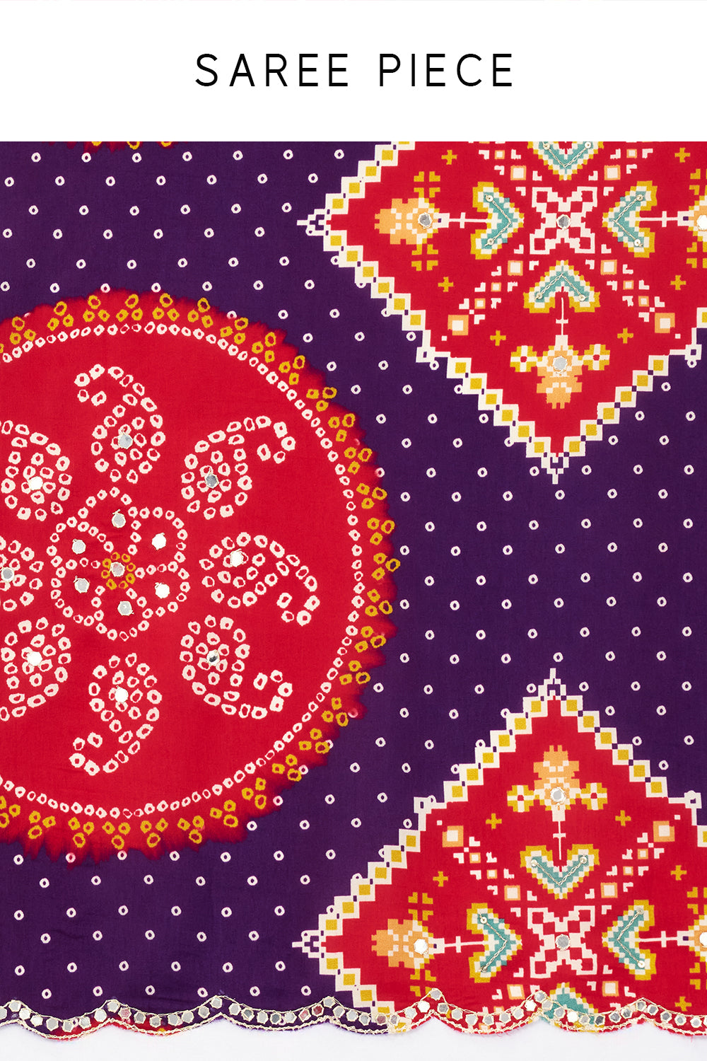 Purple and Red Silk Bandhani Printed Saree with Mirror Work