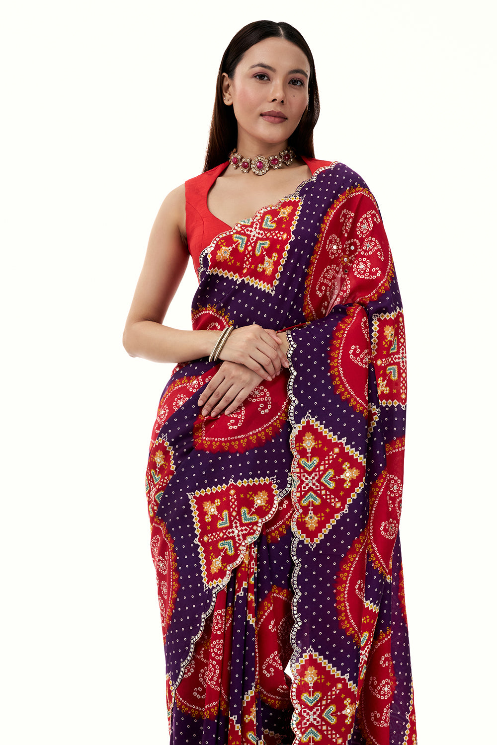 Purple and Red Silk Bandhani Printed Saree with Mirror Work