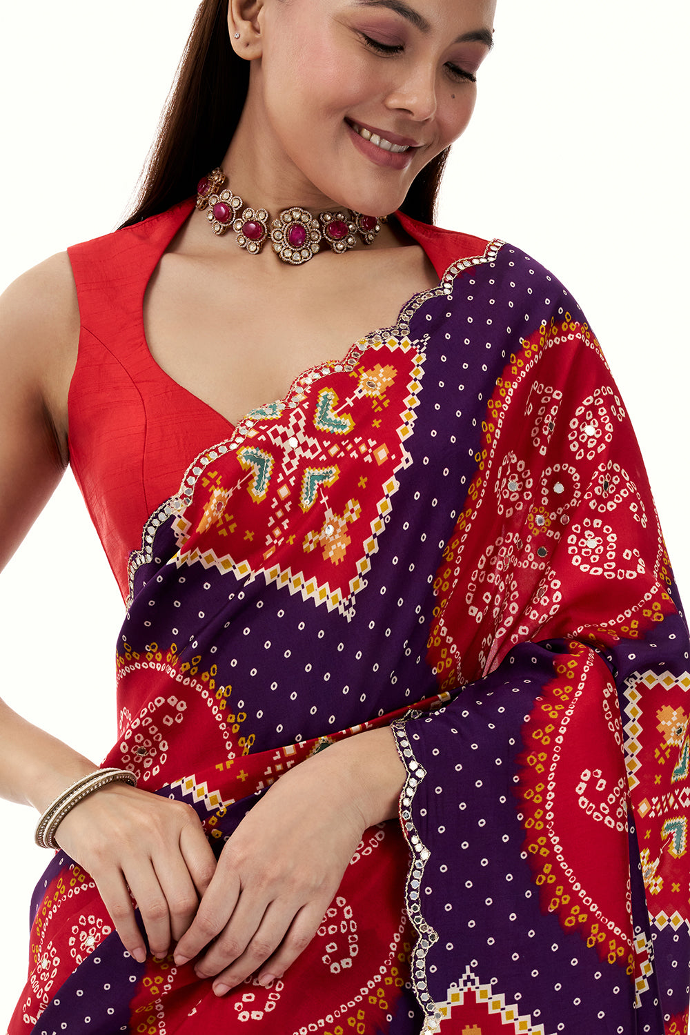 Purple and Red Silk Bandhani Printed Saree with Mirror Work