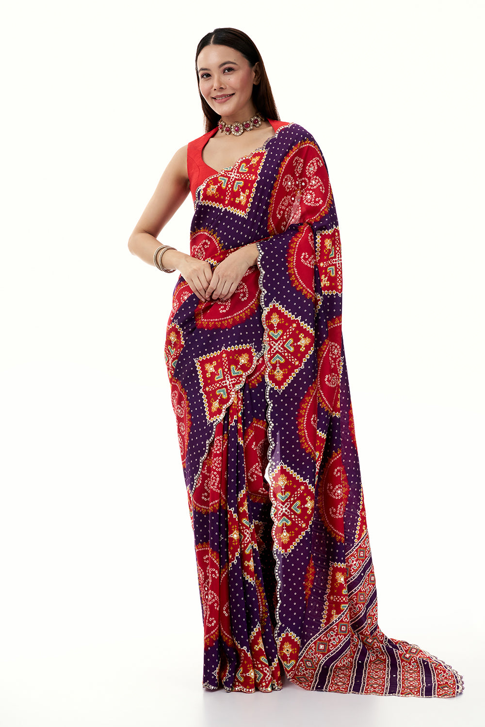 Purple and Red Silk Bandhani Printed Saree with Mirror Work