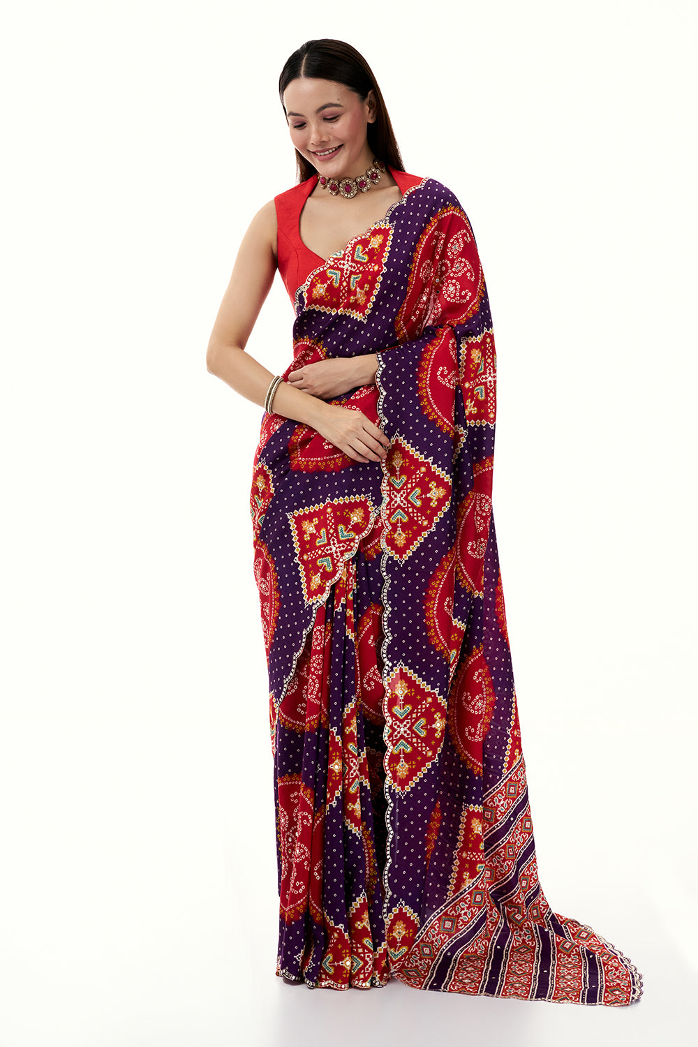 Purple and Red Silk Bandhani Printed Saree with Mirror Work