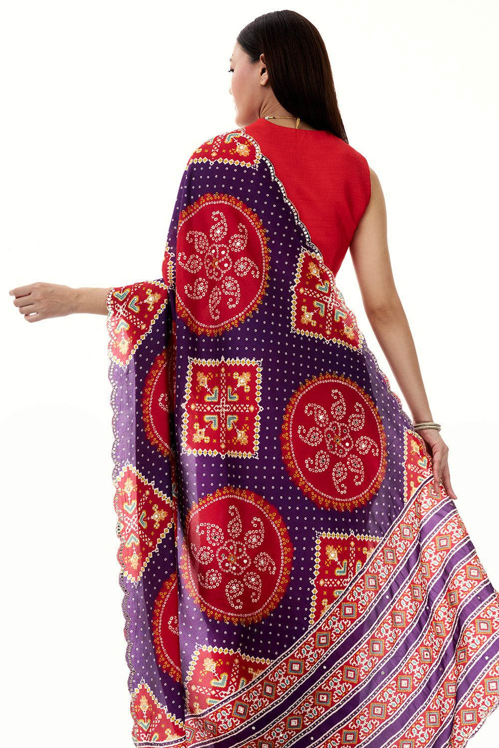 Purple and Red Silk Bandhani Printed Saree with Mirror Work