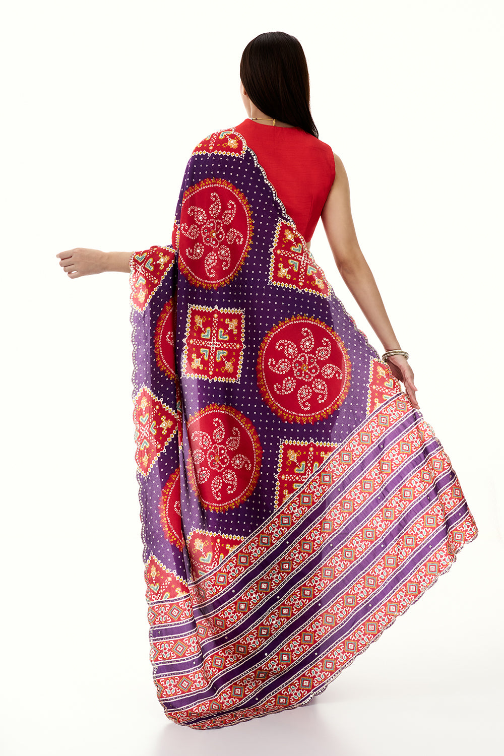 Purple and Red Silk Bandhani Printed Saree with Mirror Work