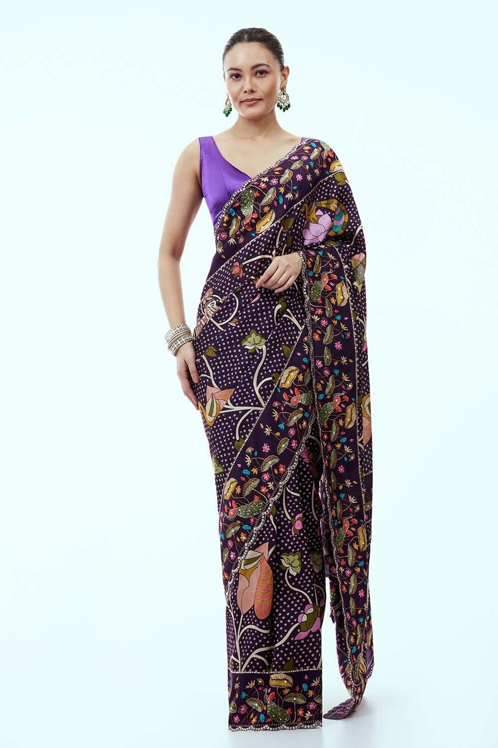 Purple Bandhani Saree and Unstitched Blouse