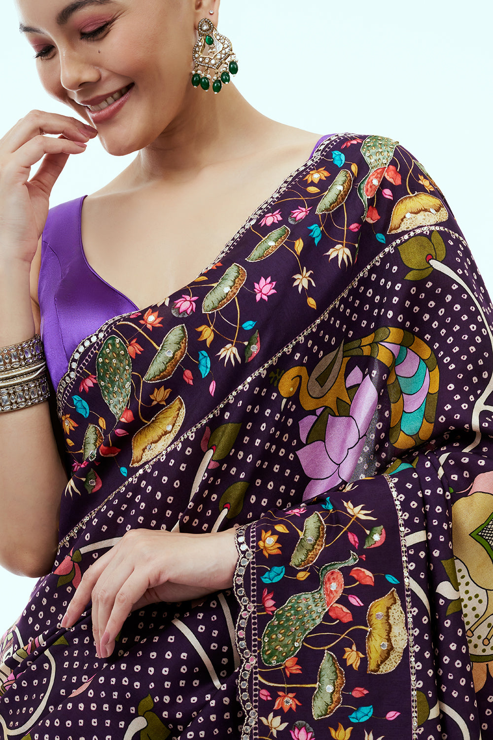 Purple Bandhani Saree and Unstitched Blouse