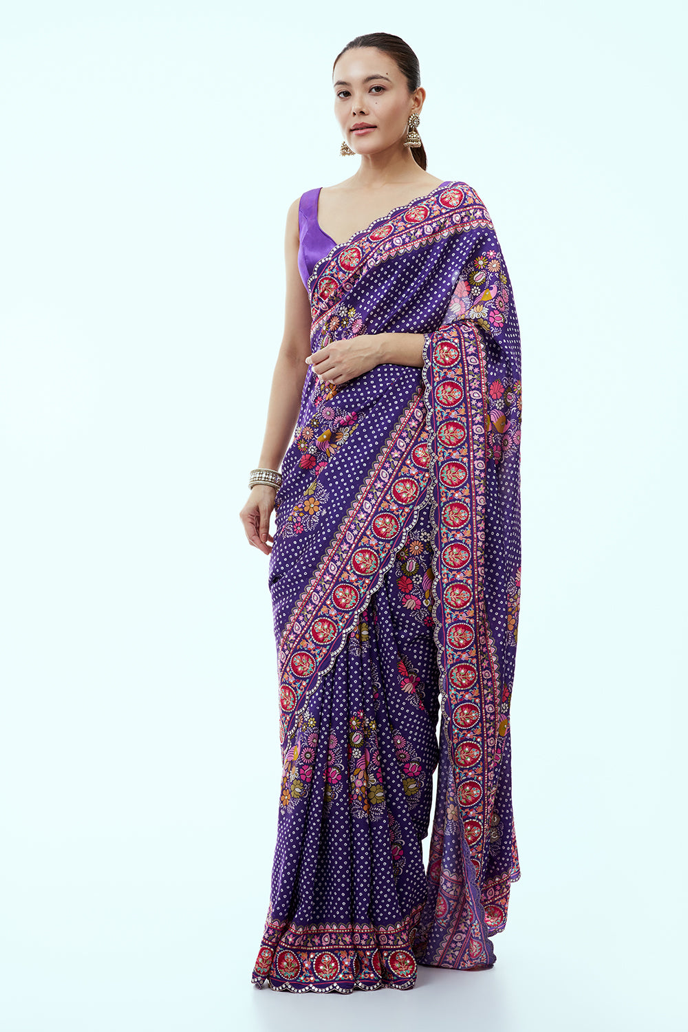 Purple Chanderi Silk Bandhani Print Saree with Mirror Work and Unstitched Blouse