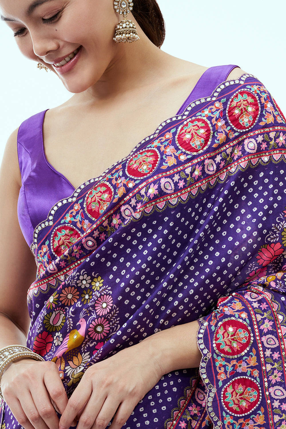 Purple Chanderi Silk Bandhani Print Saree with Mirror Work and Unstitched Blouse