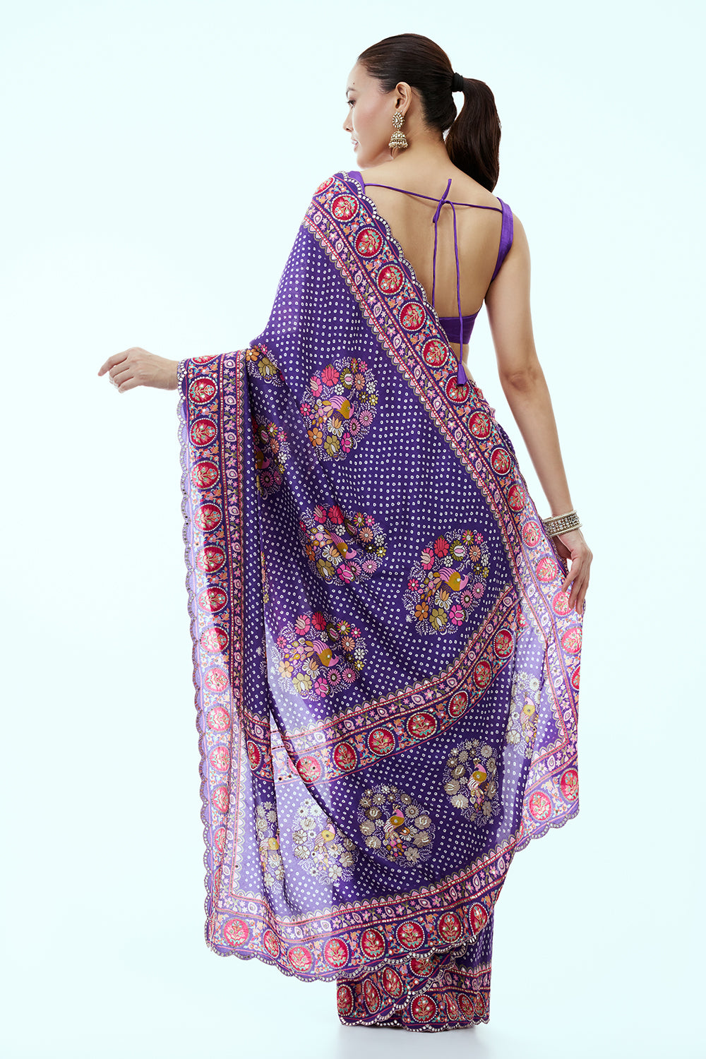 Purple Chanderi Silk Bandhani Print Saree with Mirror Work and Unstitched Blouse