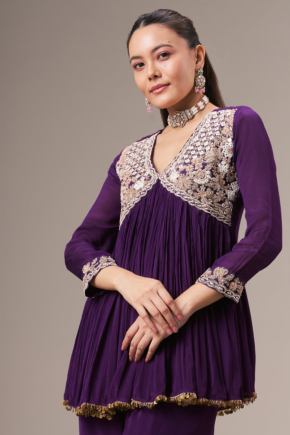 Purple Chinon Coord Set with Resham and Zardosi Work