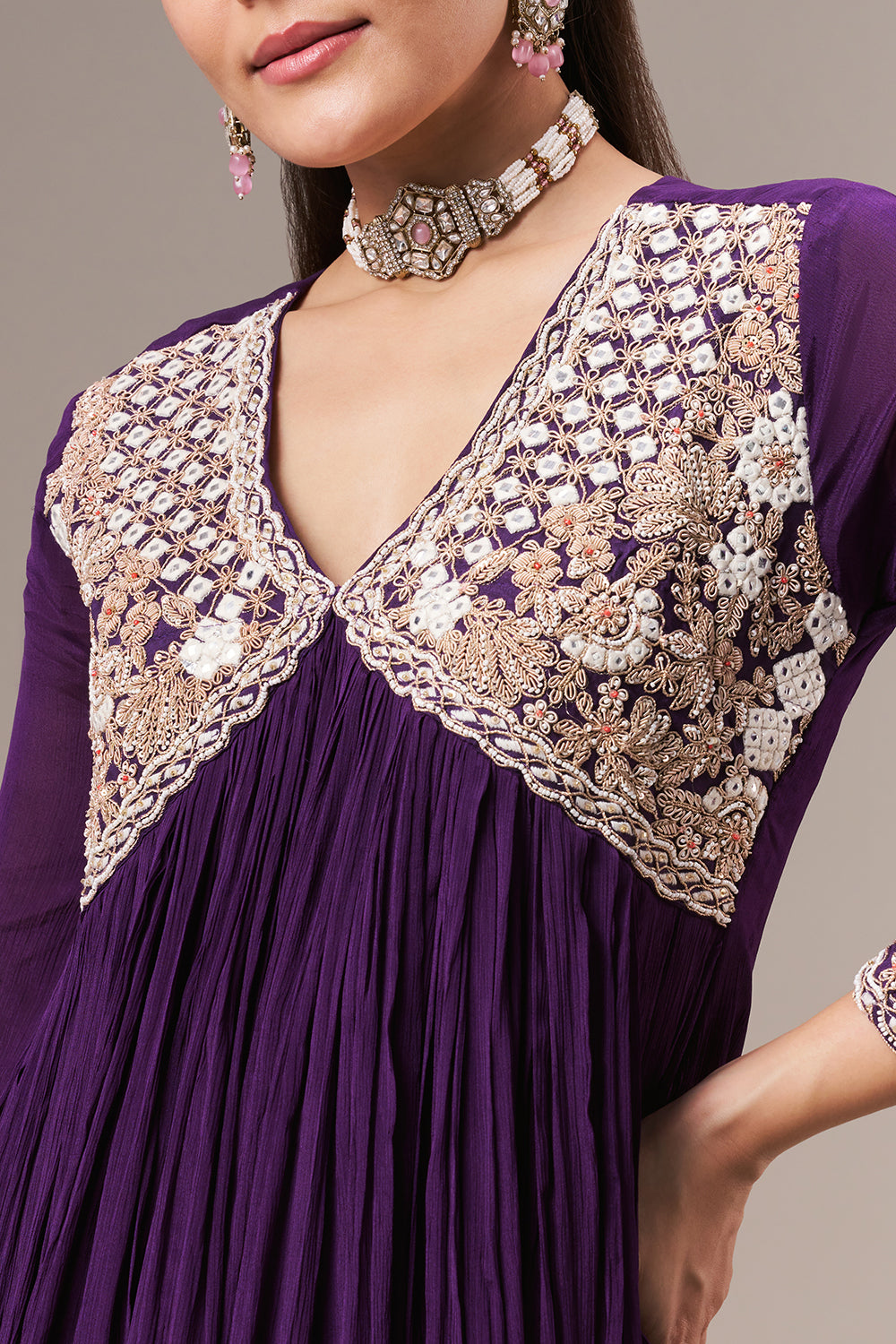 Purple Chinon Coord Set with Resham and Zardosi Work