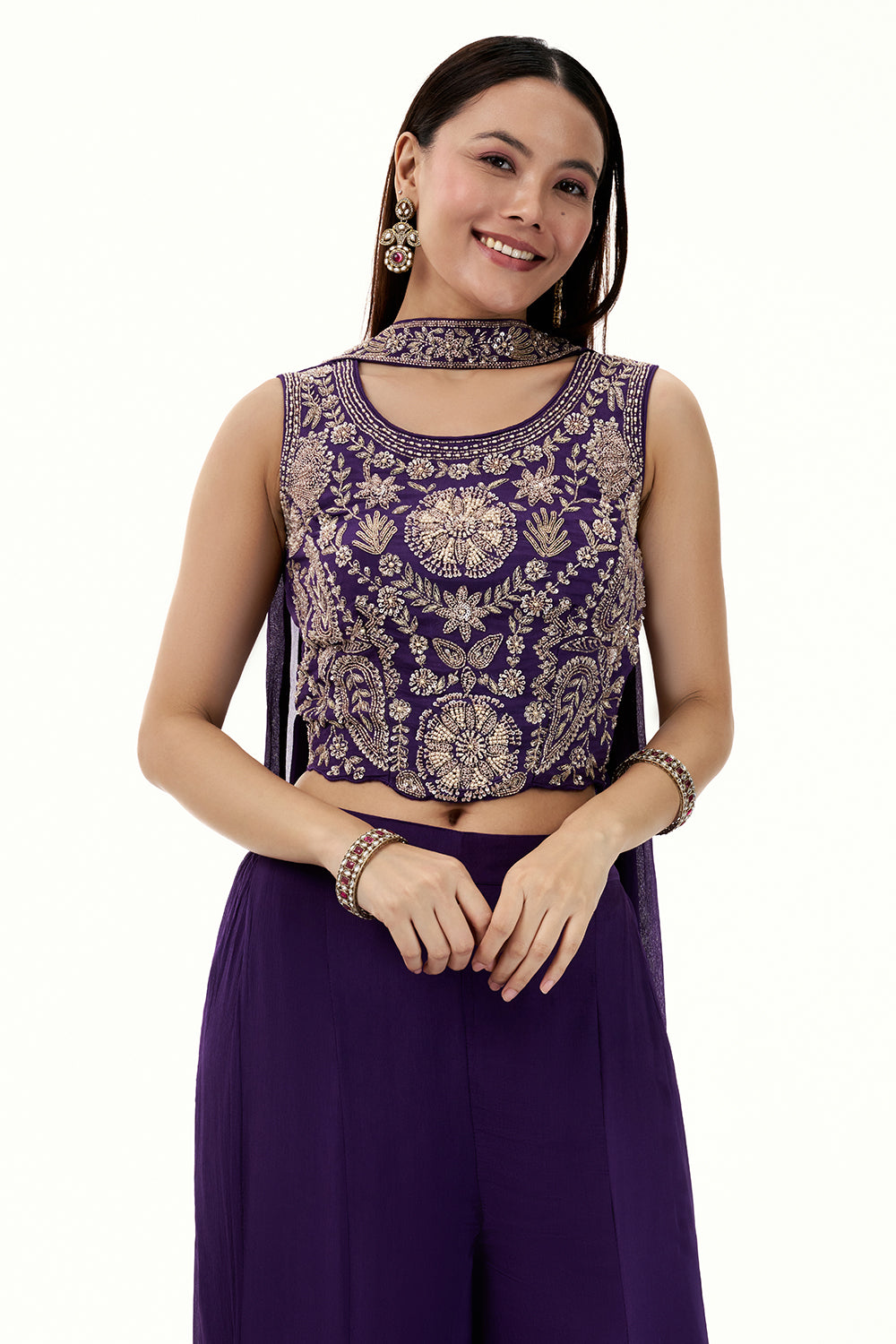 Purple Chinon Crop Top and Palazzo Set with Handwork
