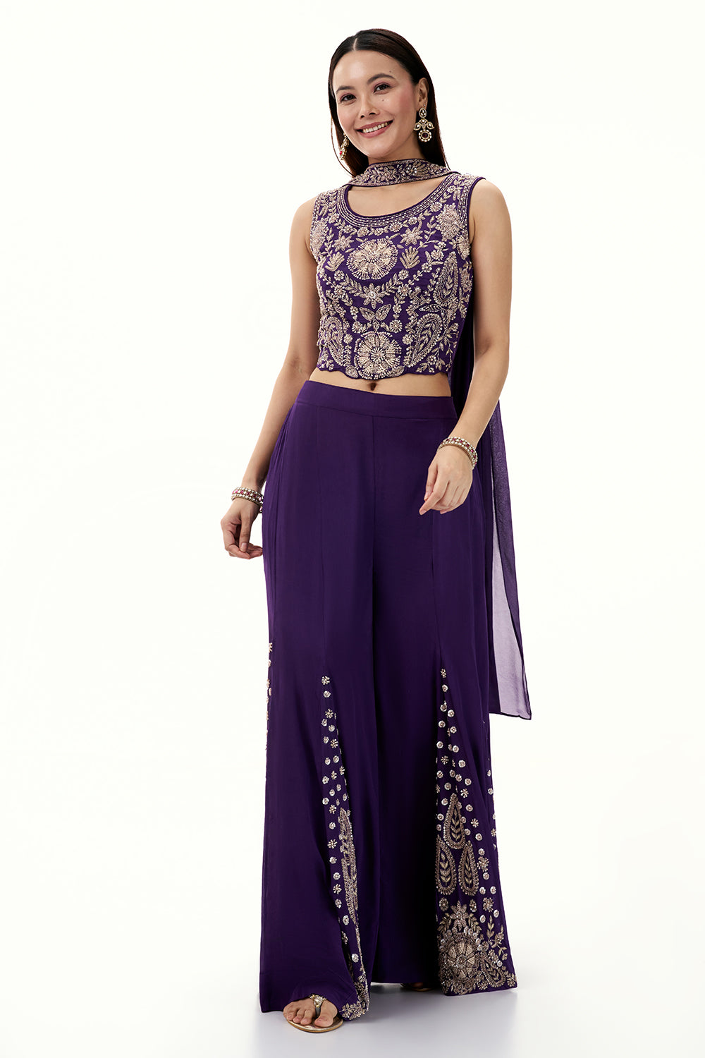 Purple Chinon Crop Top and Palazzo Set with Handwork