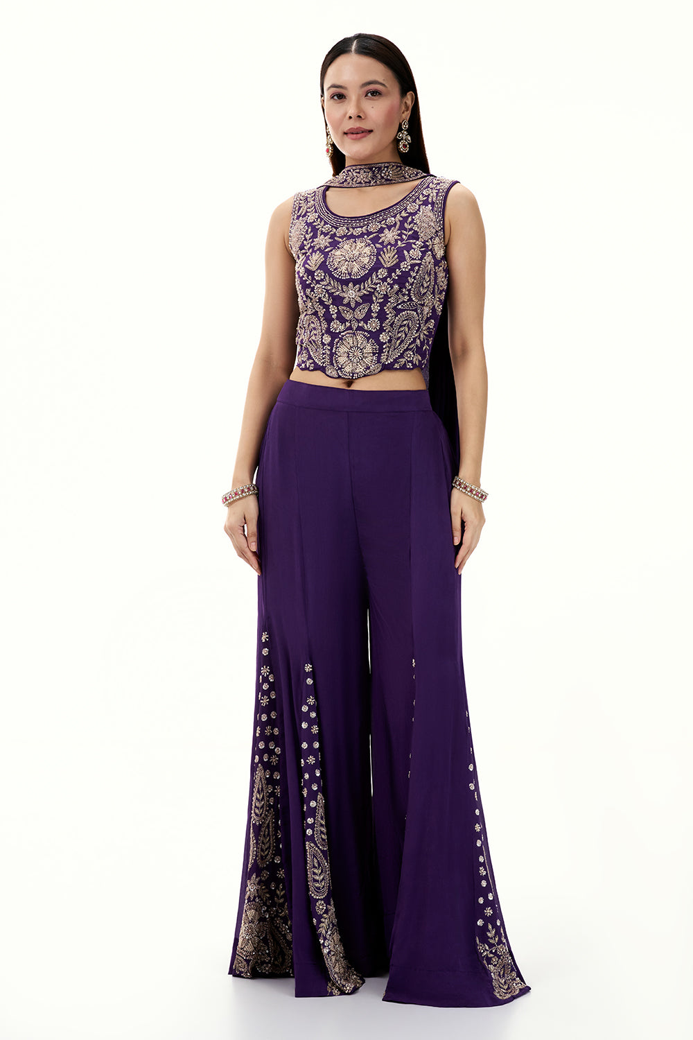 Purple Chinon Crop Top and Palazzo Set with Handwork