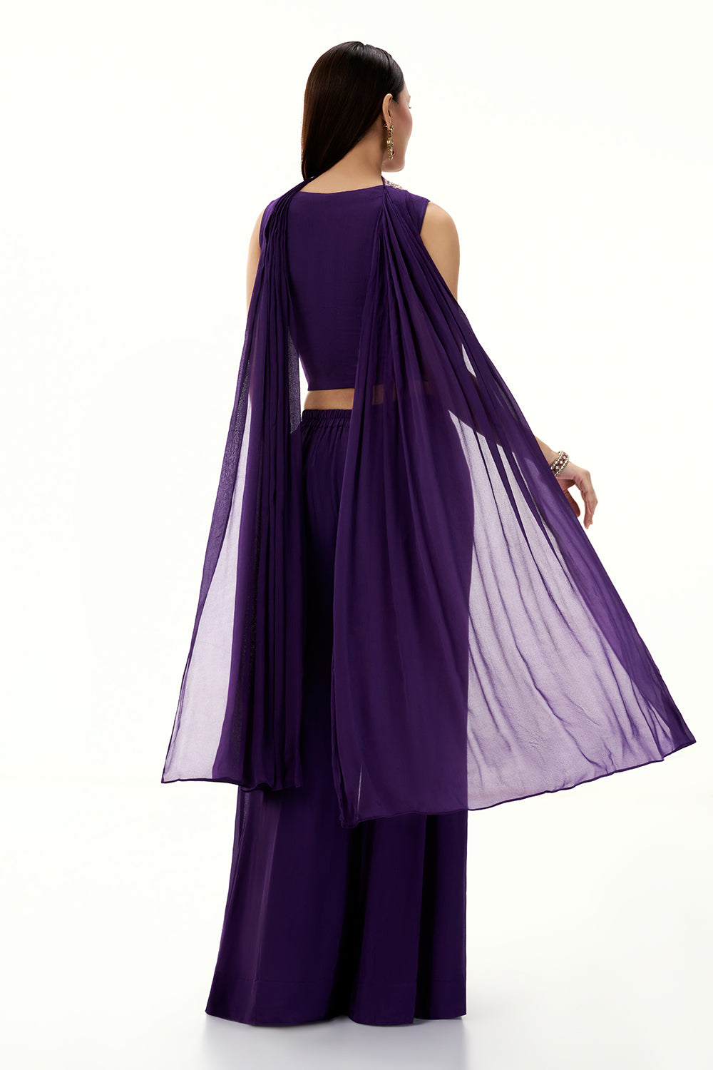 Purple Chinon Crop Top and Palazzo Set with Handwork