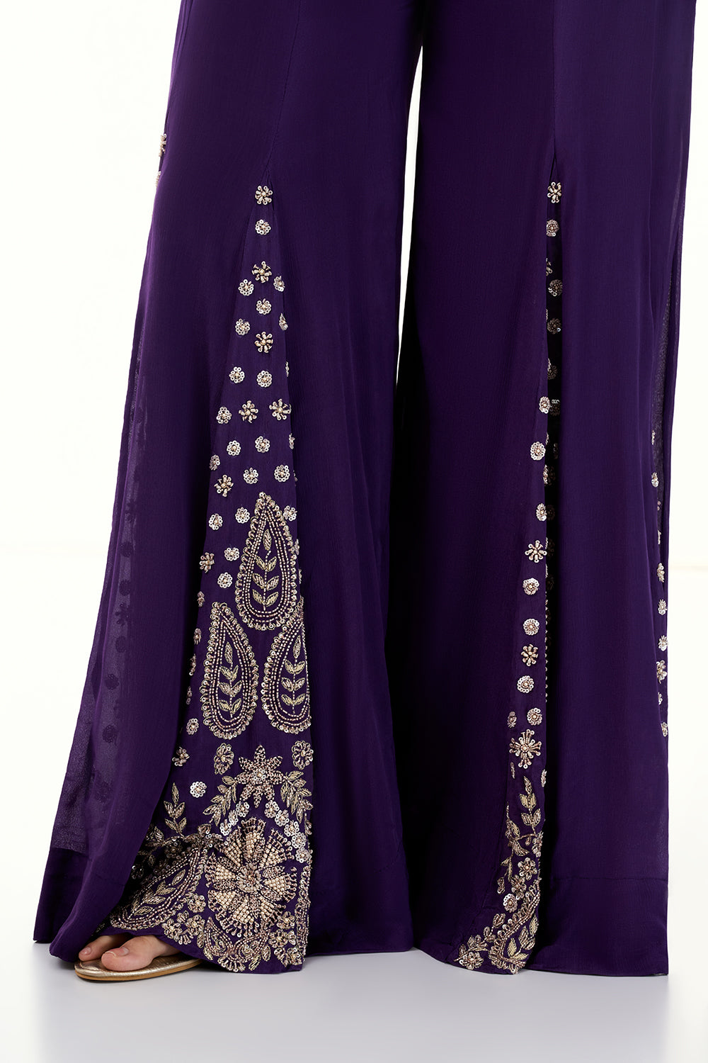 Purple Chinon Crop Top and Palazzo Set with Handwork