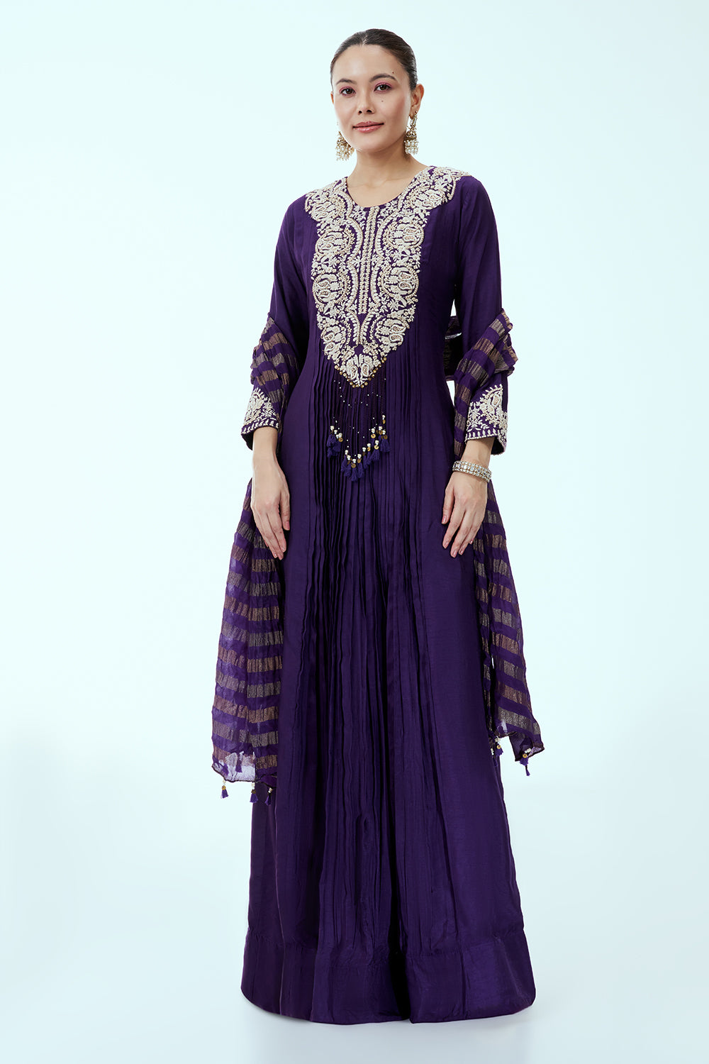 Purple Cotton Silk Anarkali with French Knots, Moti Accents and Thread Embroidery