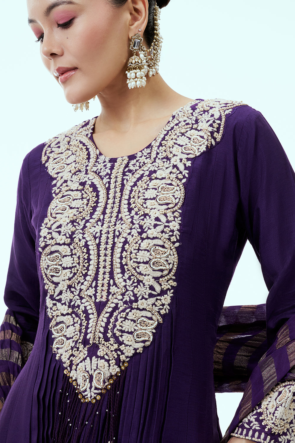 Purple Cotton Silk Anarkali with French Knots, Moti Accents and Thread Embroidery