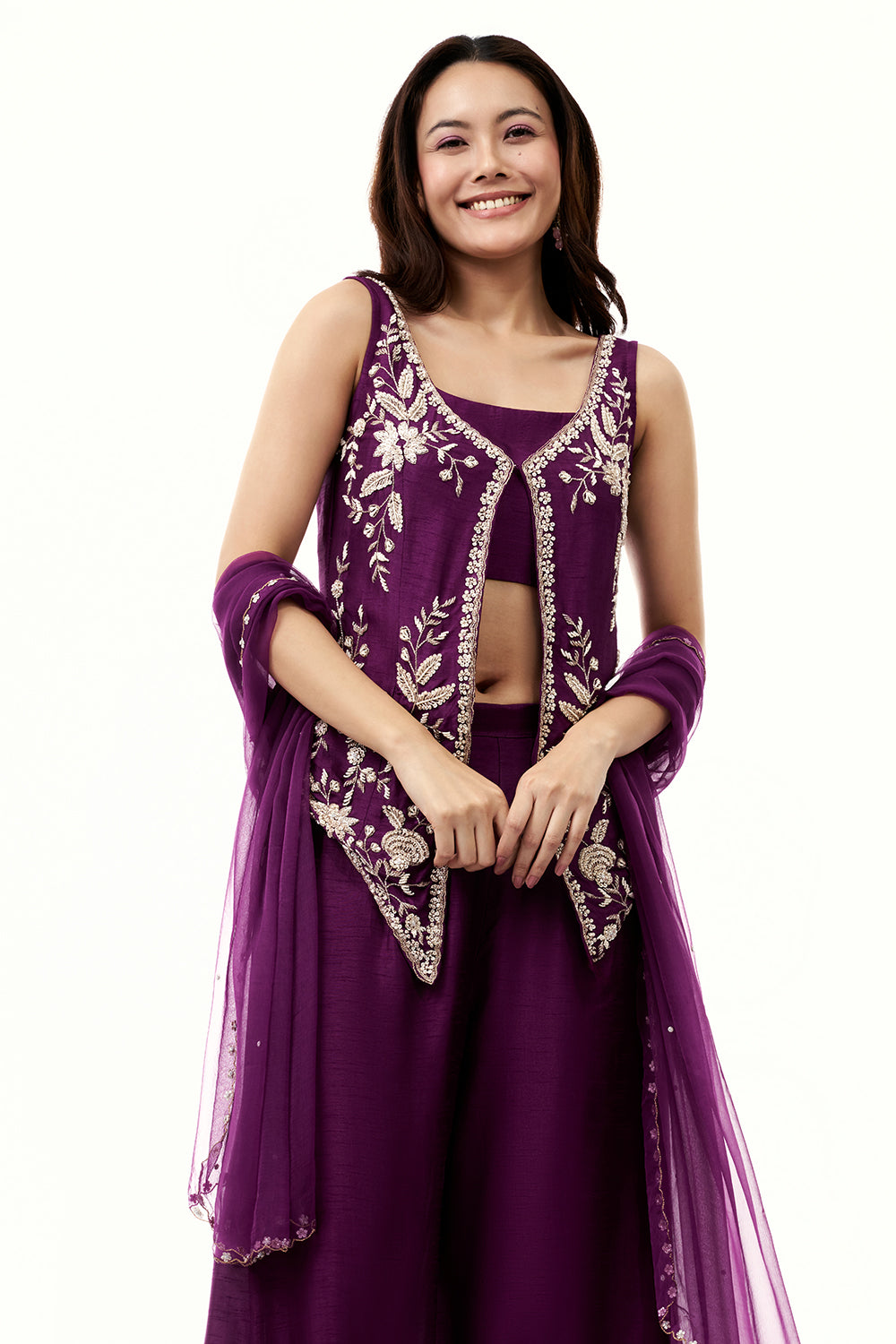 Purple Cotton Silk Palazzo Set with Cutdana and Moti Work
