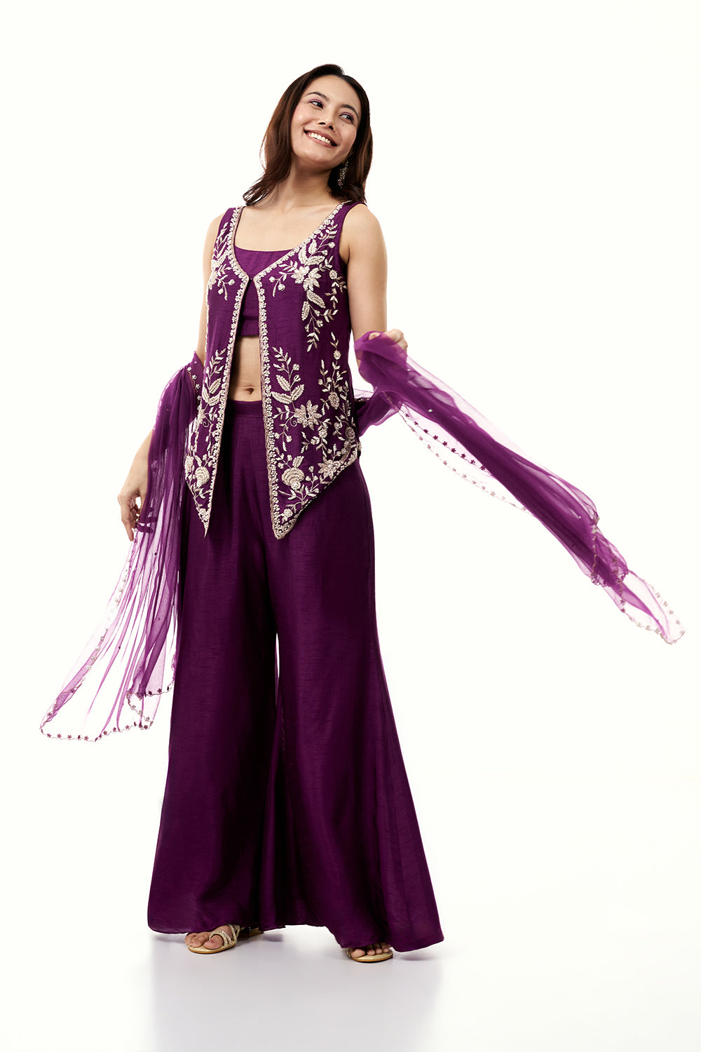 Purple Cotton Silk Palazzo Set with Cutdana and Moti Work