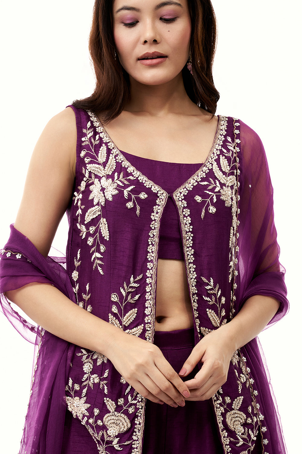 Purple Cotton Silk Palazzo Set with Cutdana and Moti Work