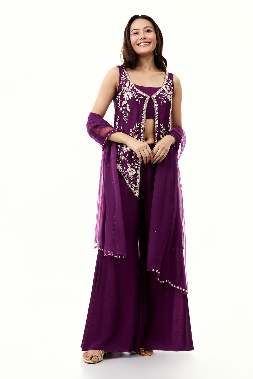 Purple Cotton Silk Palazzo Set with Cutdana and Moti Work