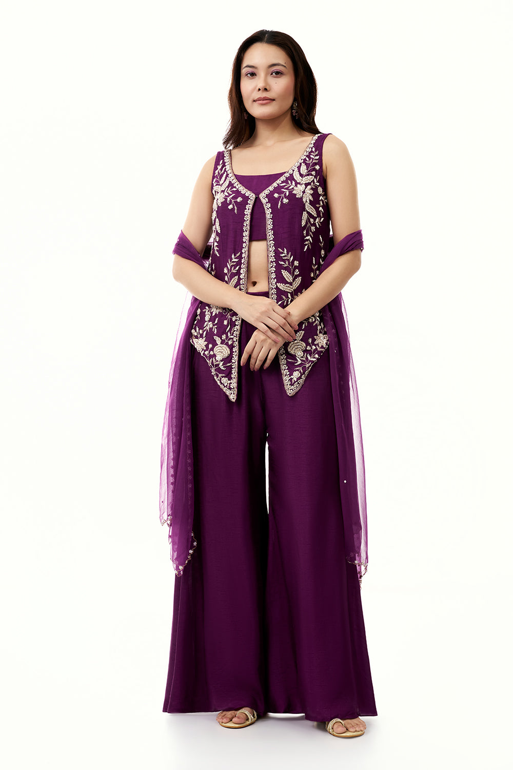Purple Cotton Silk Palazzo Set with Cutdana and Moti Work