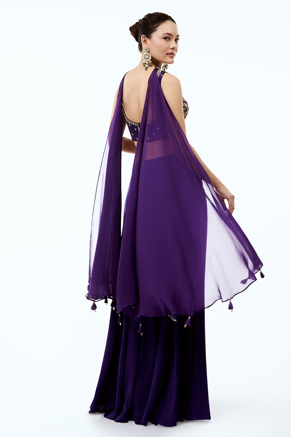 Purple Crepe Assymetrical Indo Western Set With Pearl and Zardosi Work
