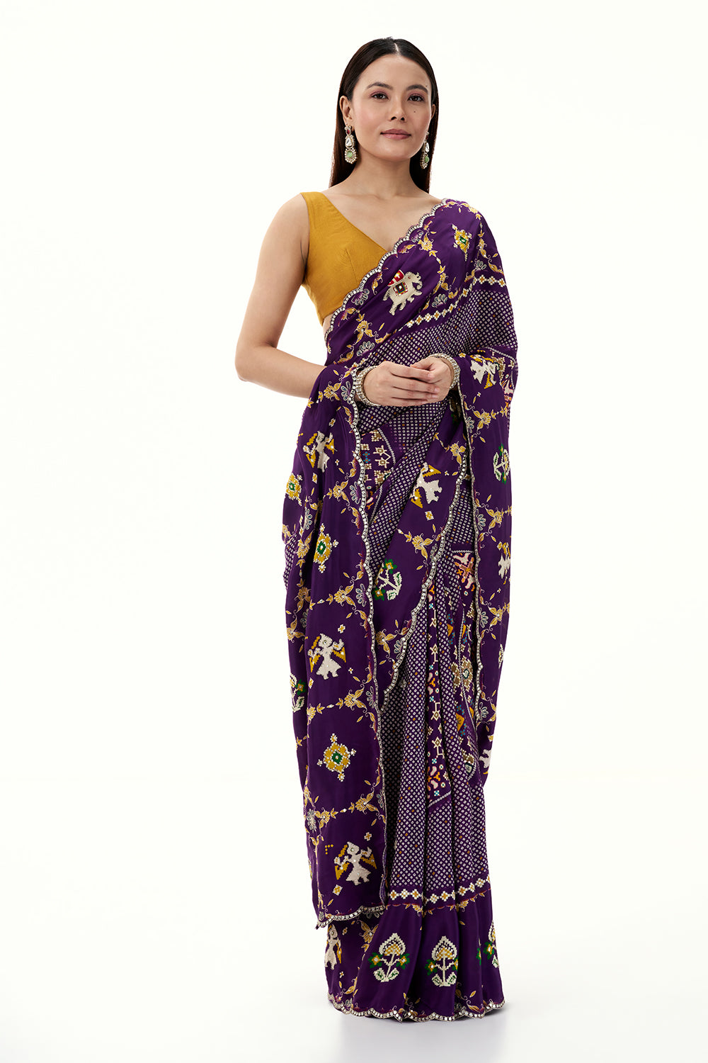 Purple Crepe Bandhani and Patola Printed Saree with Mirror Work